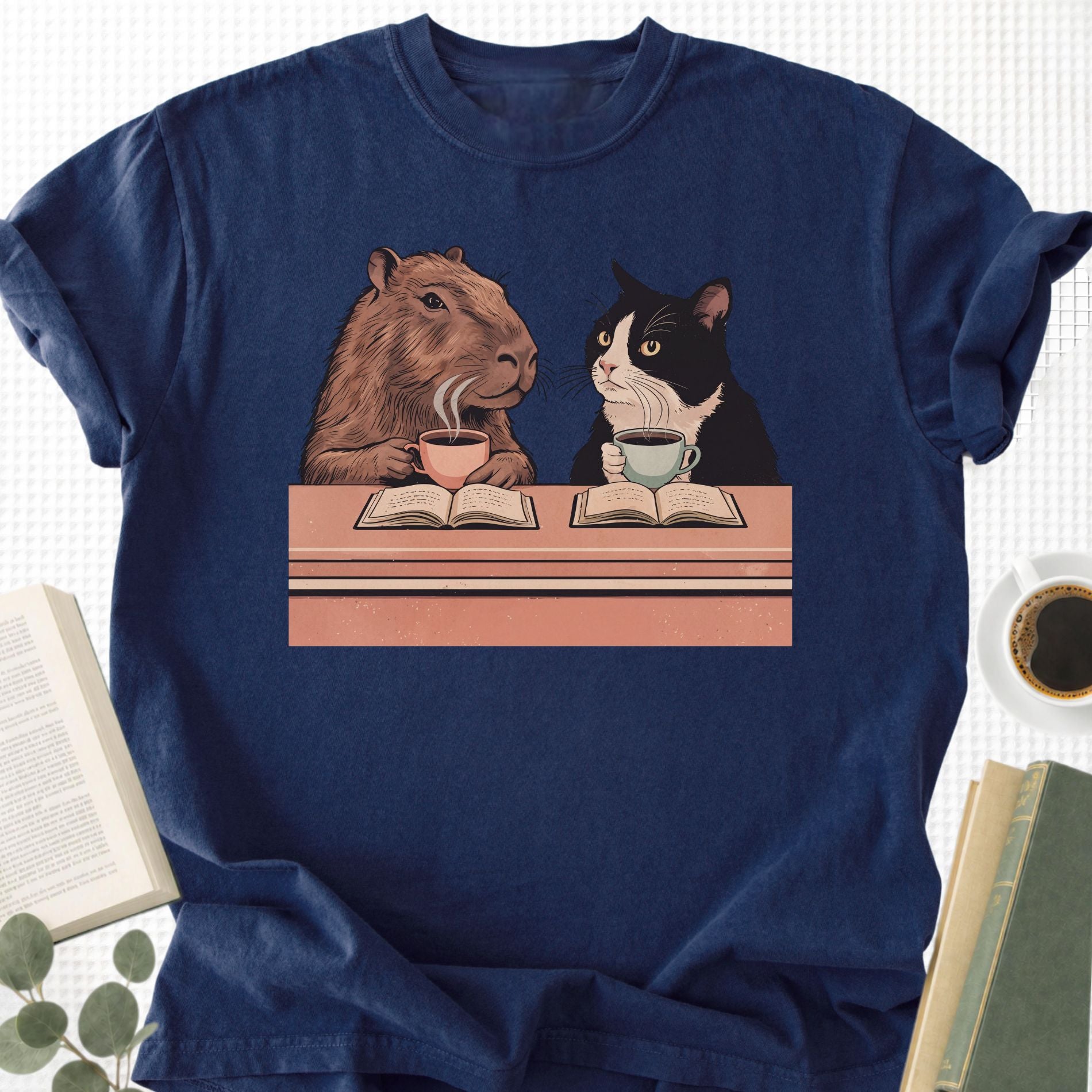 Capybara and Tuxedo Cat Chilling with Coffee Unisex T-Shirt