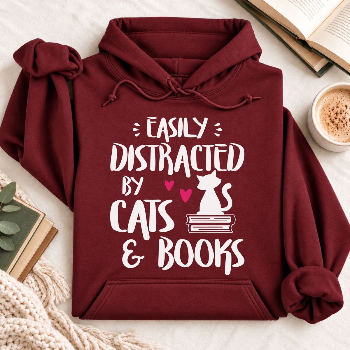 Easily Distracted by Cats and Books Hoodie
