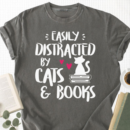 Easily Distracted by Cats and Books Unisex T-Shirt