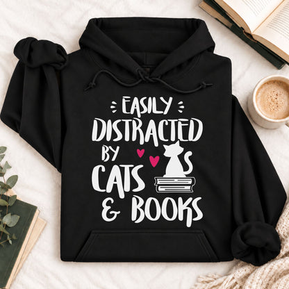 Easily Distracted by Cats and Books Hoodie