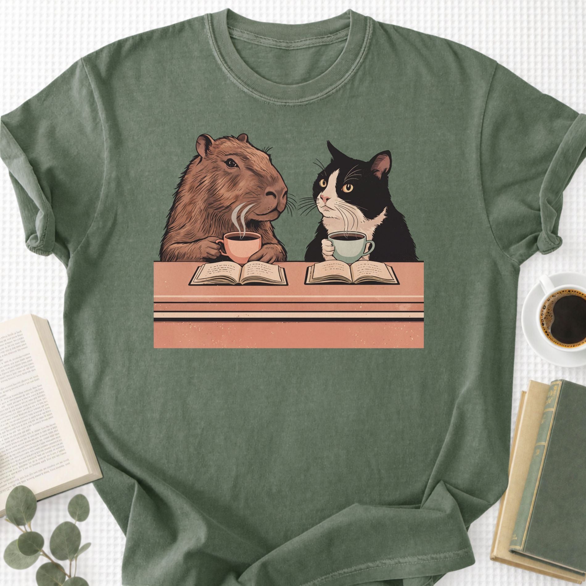 Capybara and Tuxedo Cat Chilling with Coffee Unisex T-Shirt
