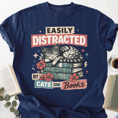 Easily Distracted By Cats And Books Unisex T-Shirt