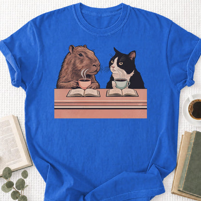 Capybara and Tuxedo Cat Chilling with Coffee Unisex T-Shirt