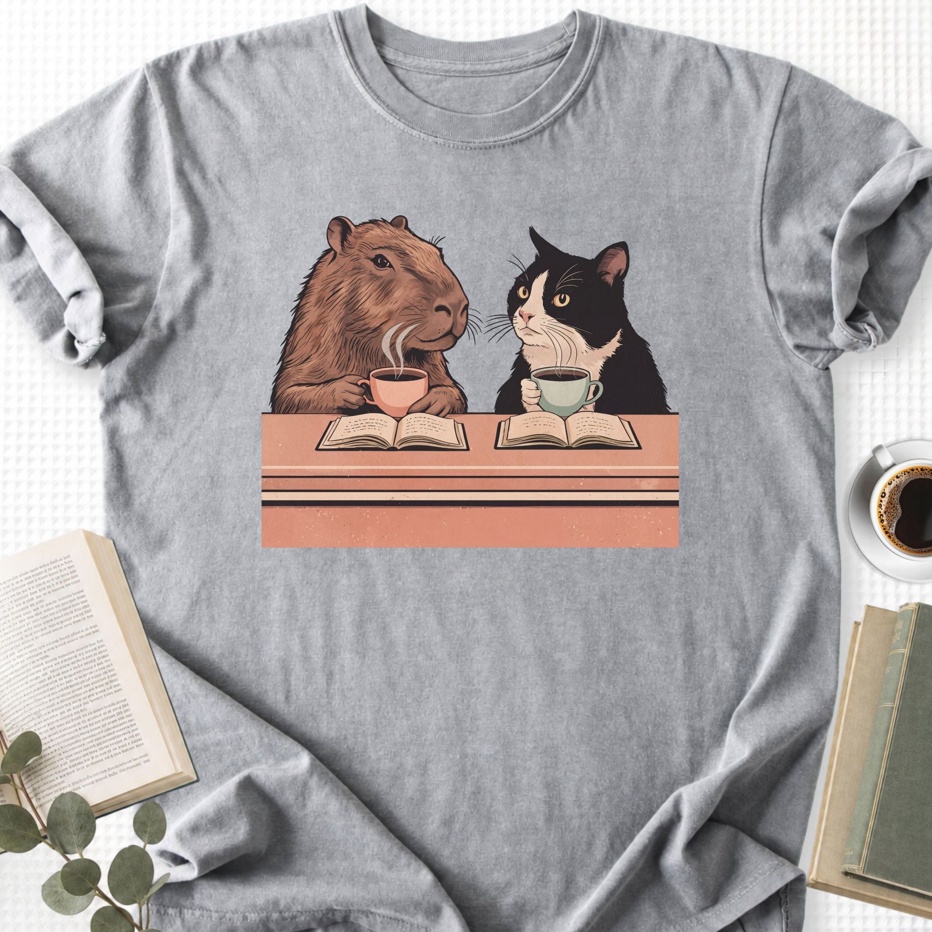 Capybara and Tuxedo Cat Chilling with Coffee Unisex T-Shirt
