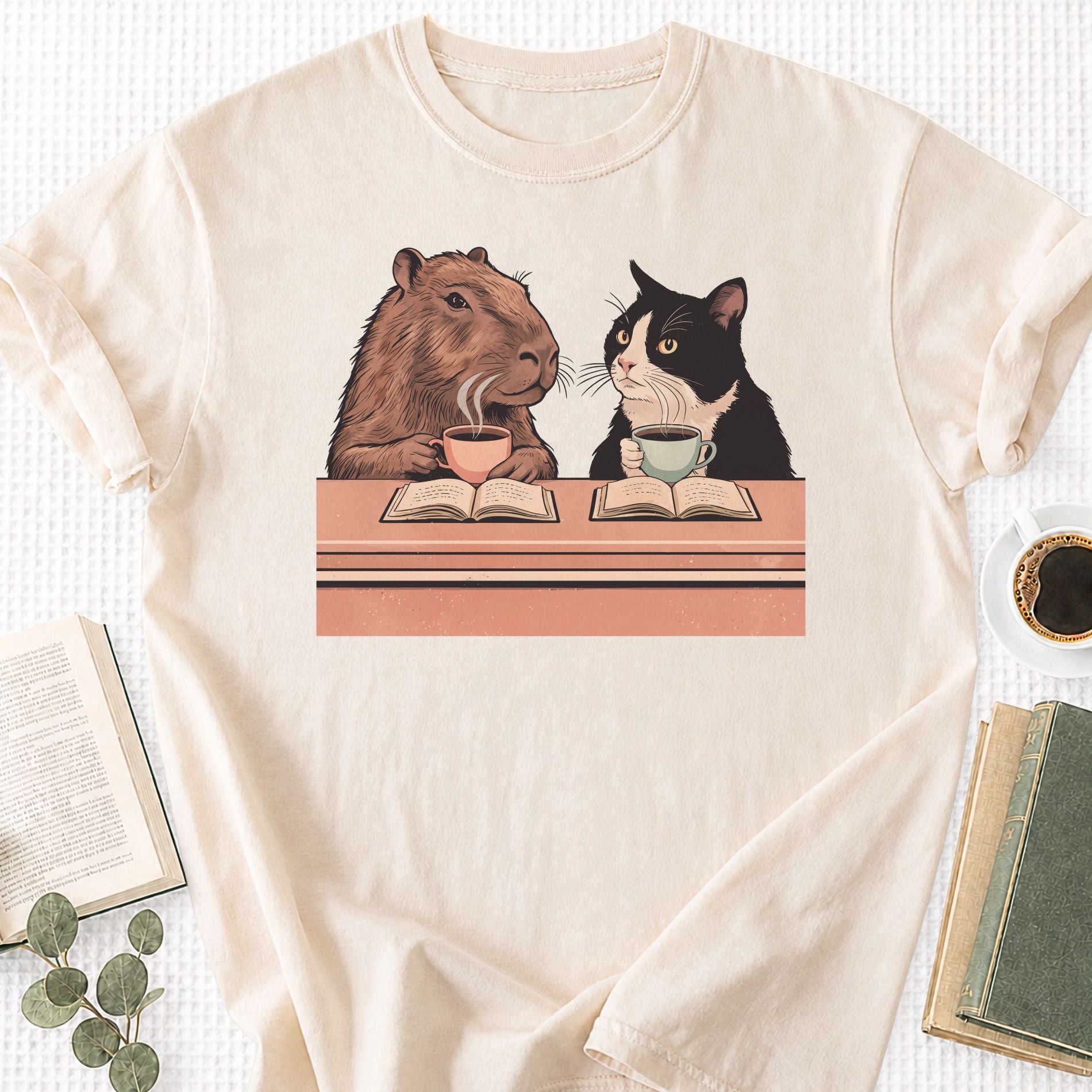 Capybara and Tuxedo Cat Chilling with Coffee Unisex T-Shirt