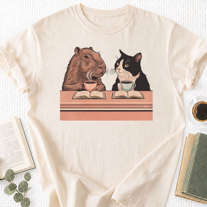 Capybara and Tuxedo Cat Chilling with Coffee Unisex T-Shirt