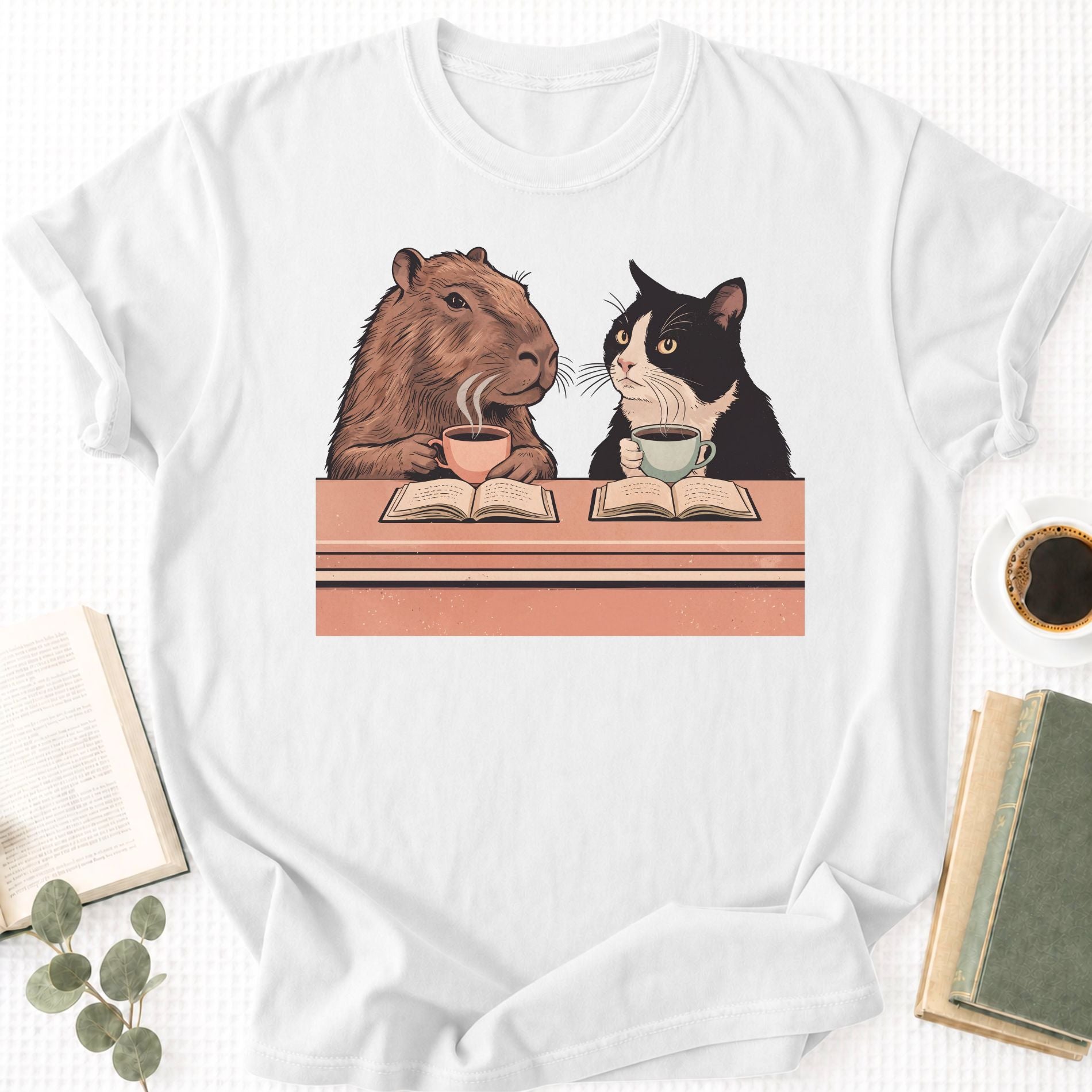 Capybara and Tuxedo Cat Chilling with Coffee Unisex T-Shirt