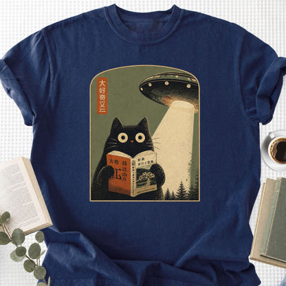 Cat Reading Book UFO Vintage Japanese Unisex T-Shirt - Book Social Club