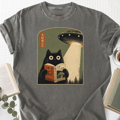 Cat Reading Book UFO Vintage Japanese Unisex T-Shirt - Book Social Club