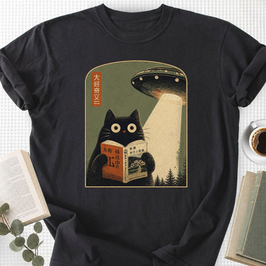 Cat Reading Book UFO Vintage Japanese Unisex T-Shirt - Book Social Club