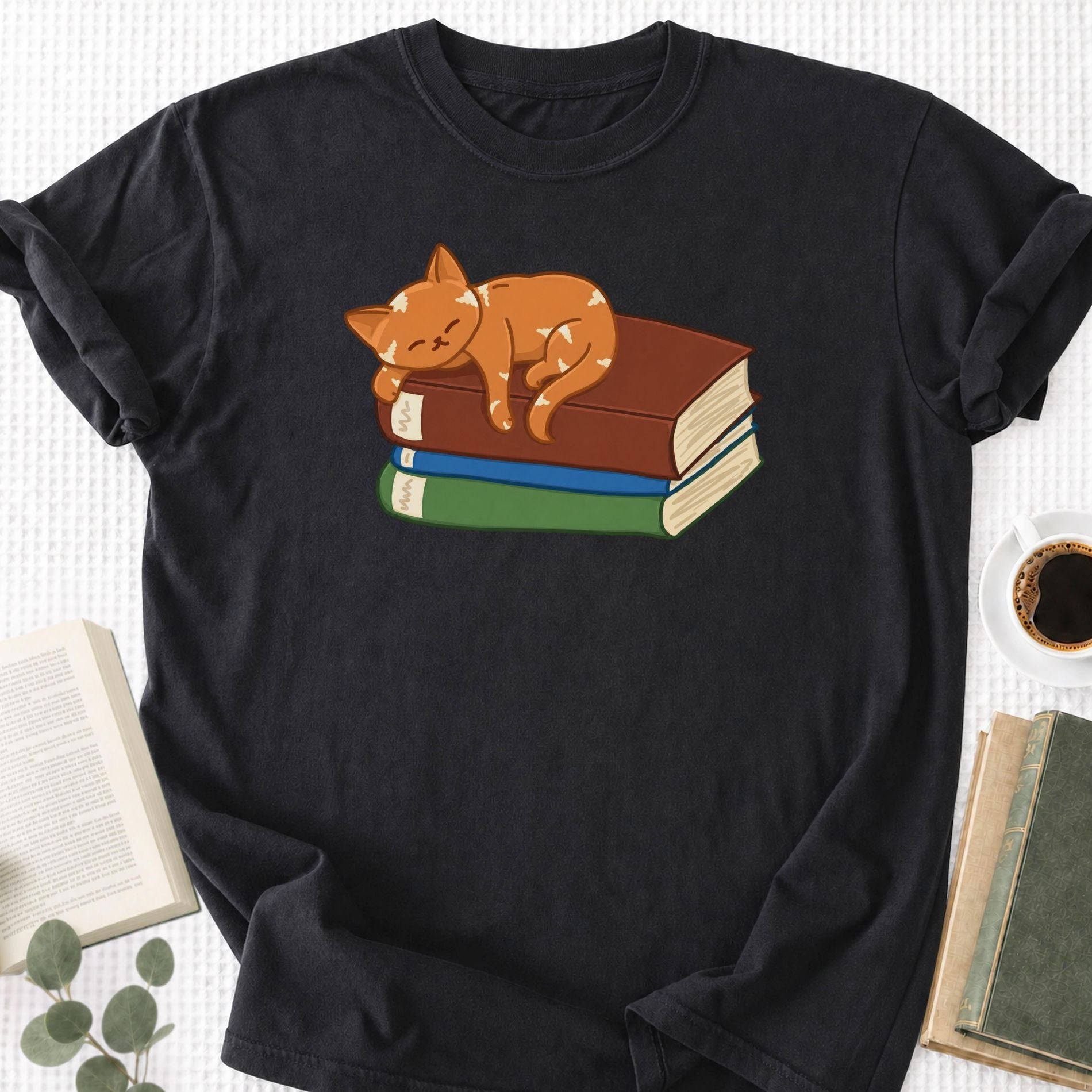 Cute Cat Sleeping on Books Unisex T-Shirt - Book Social Club