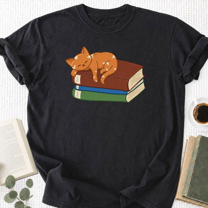 Cute Cat Sleeping on Books Unisex T-Shirt - Book Social Club