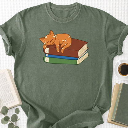 Cute Cat Sleeping on Books Unisex T-Shirt - Book Social Club