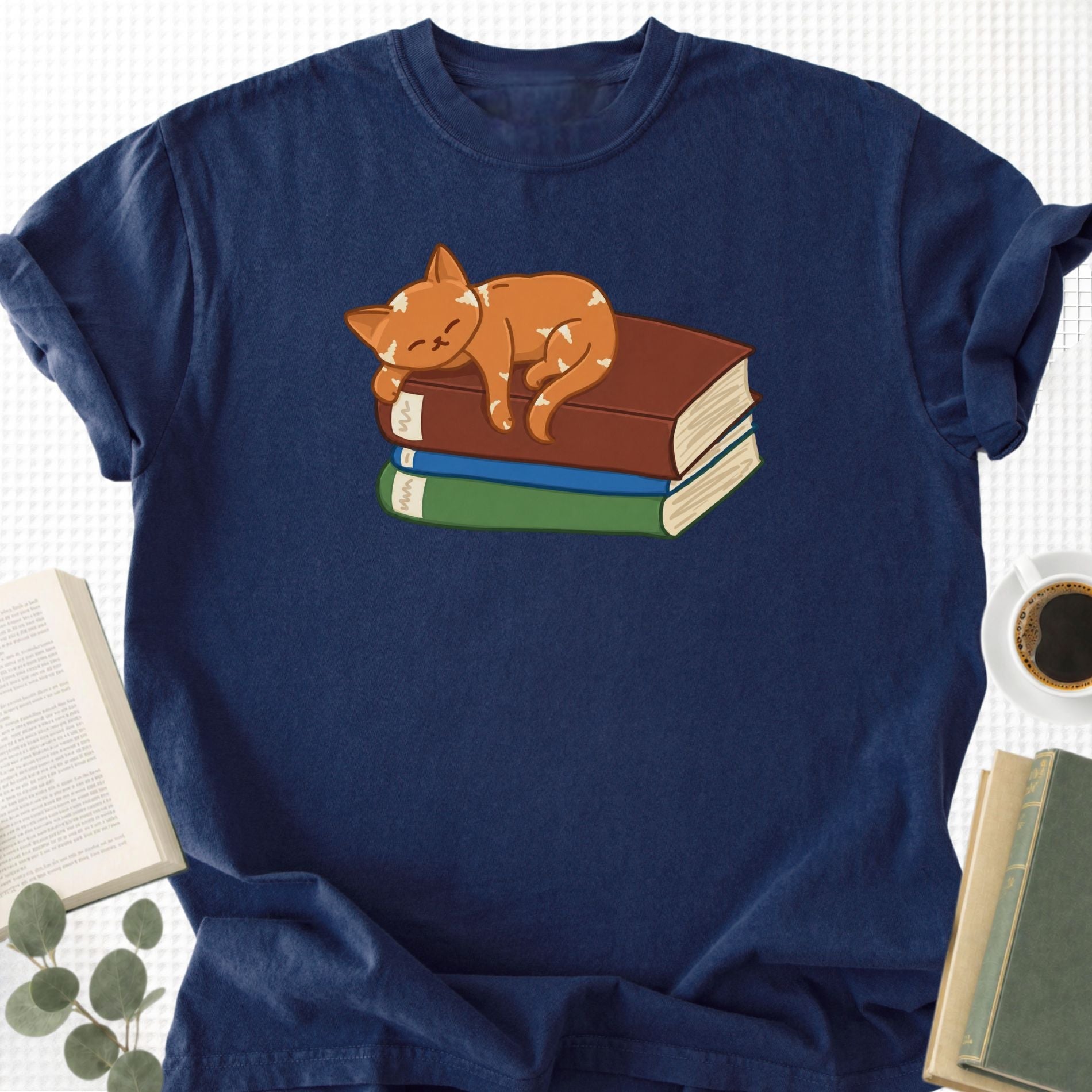 Cute Cat Sleeping on Books Unisex T-Shirt - Book Social Club