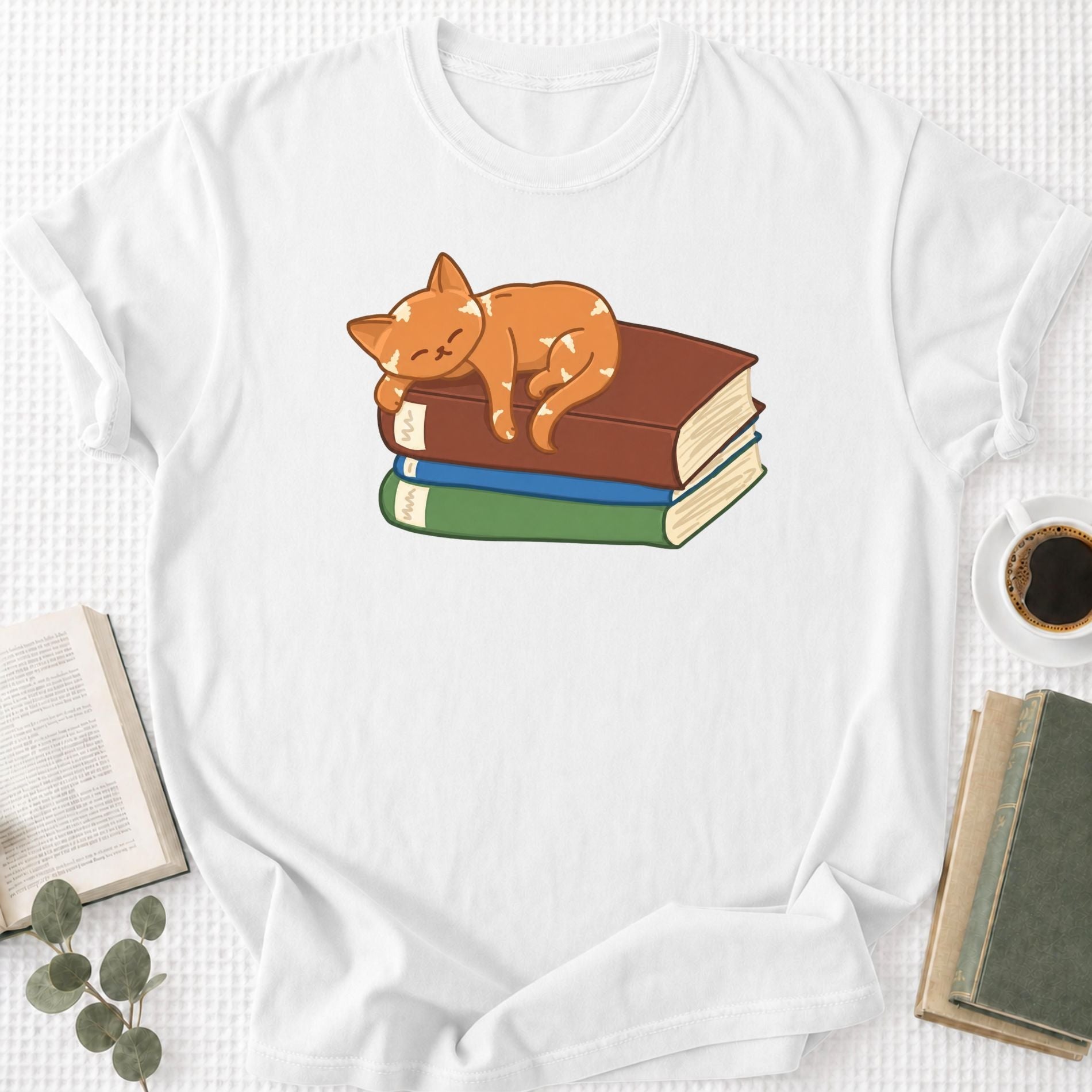 Cute Cat Sleeping on Books Unisex T-Shirt - Book Social Club