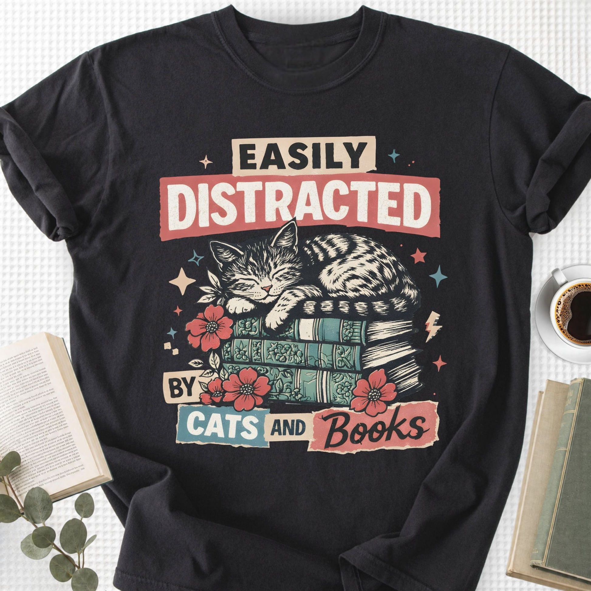 Easily Distracted By Cats And Books Unisex T-Shirt - Book Social Club