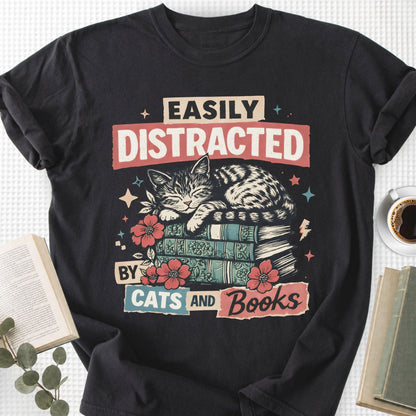 Easily Distracted By Cats And Books Unisex T-Shirt - Book Social Club