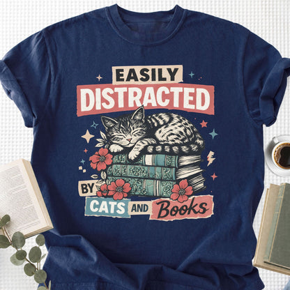 Easily Distracted By Cats And Books Unisex T-Shirt - Book Social Club