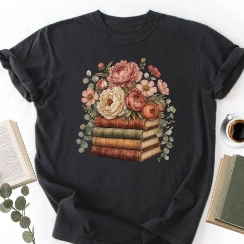 Floral Books Stack Vintage Unisex T-Shirt - Book Social Club