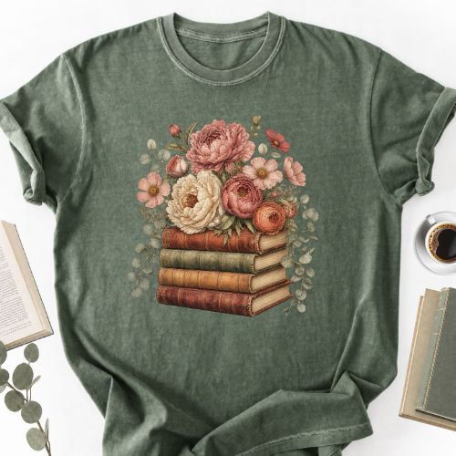 Floral Books Stack Vintage Unisex T-Shirt - Book Social Club