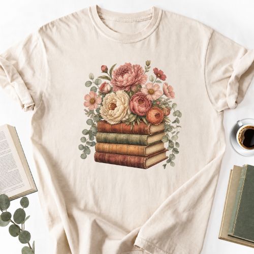 Floral Books Stack Vintage Unisex T-Shirt - Book Social Club