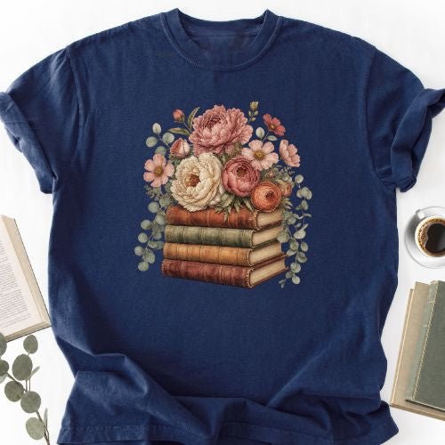Floral Books Stack Vintage Unisex T-Shirt - Book Social Club