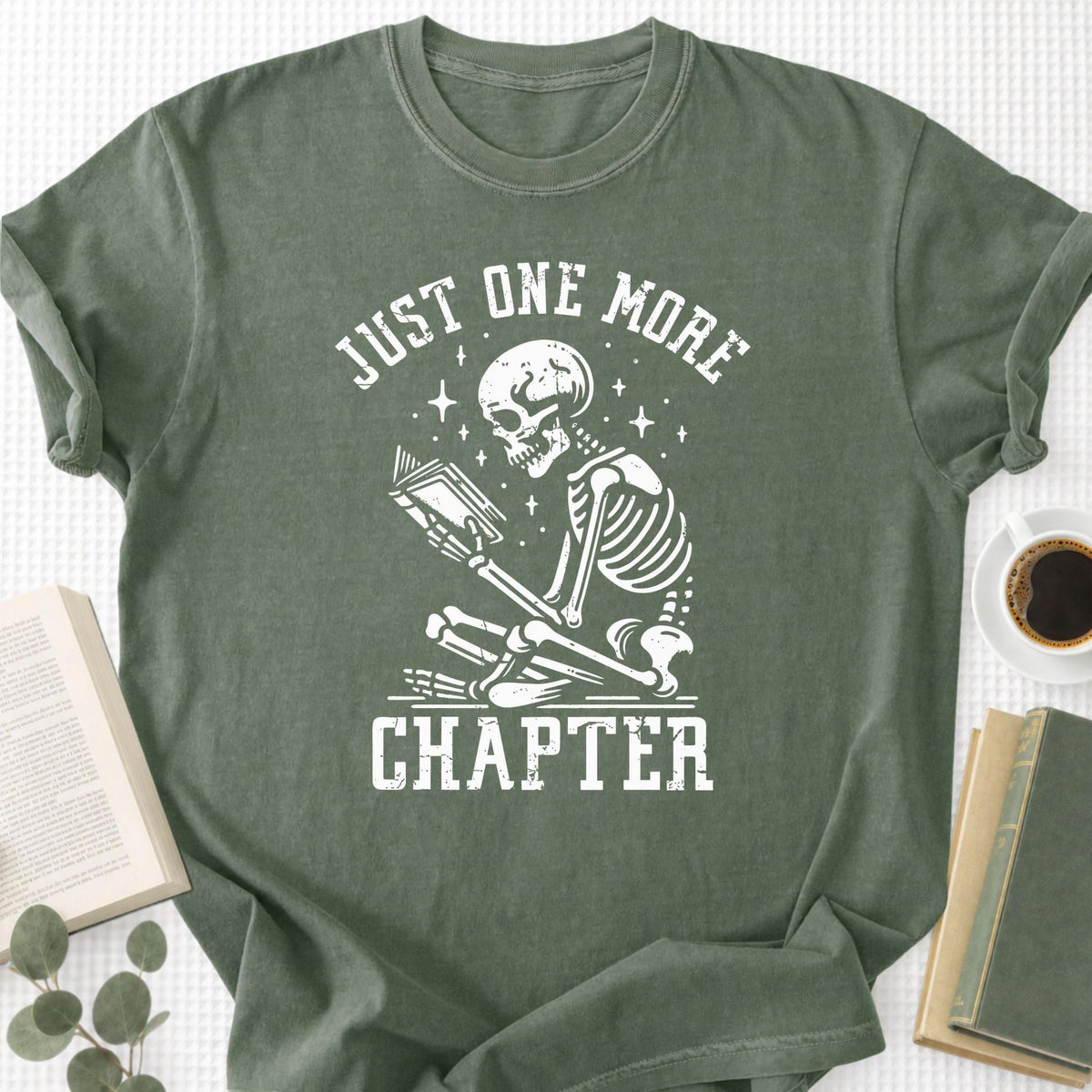Just One More Chapter Skeleton Reading Unisex T-Shirt - Book Social Club