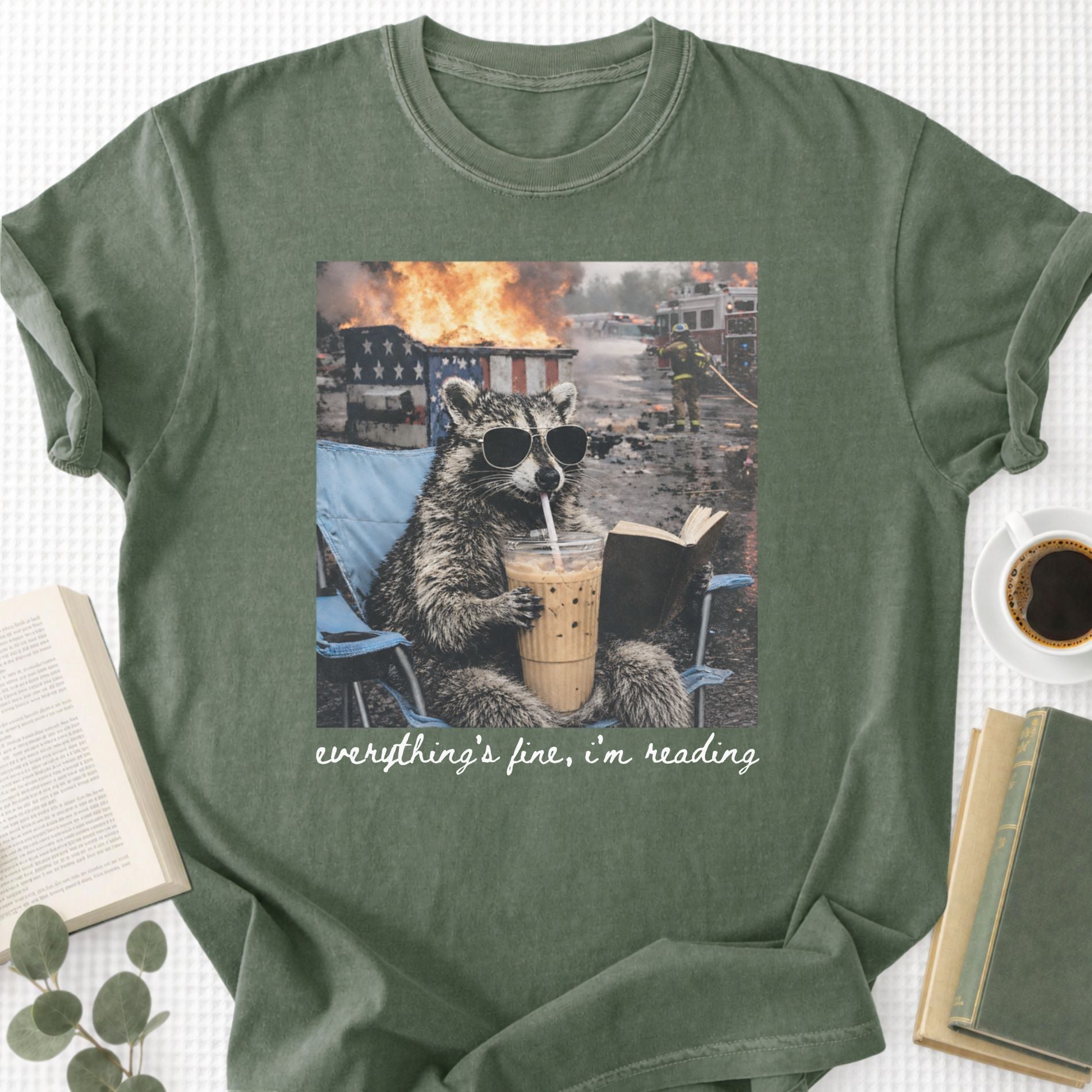 Raccoon Eveything's Fine, I'm Reading Unisex T-Shirt - Book Social Club