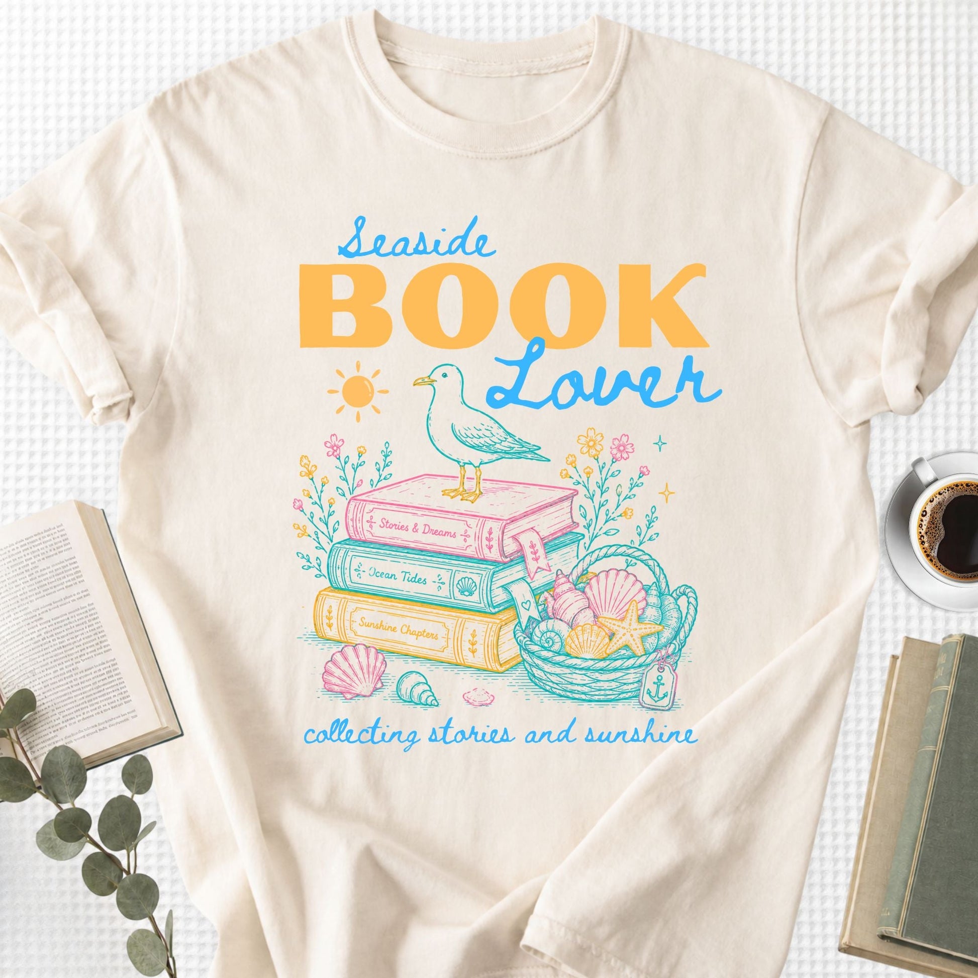 Seaside Book Lover Collecting Stories and Sunshine Unisex T-Shirt - Book Social Club