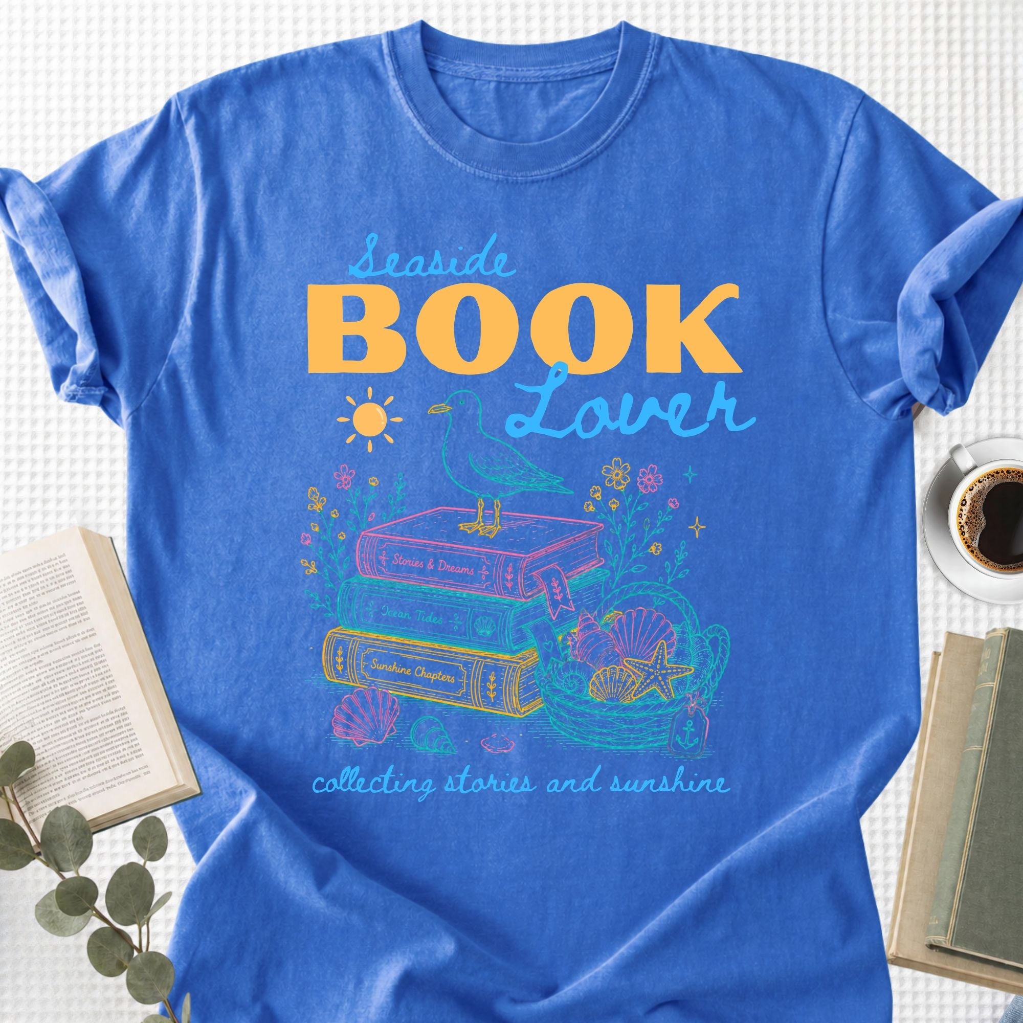 Seaside Book Lover Collecting Stories and Sunshine Unisex T-Shirt - Book Social Club