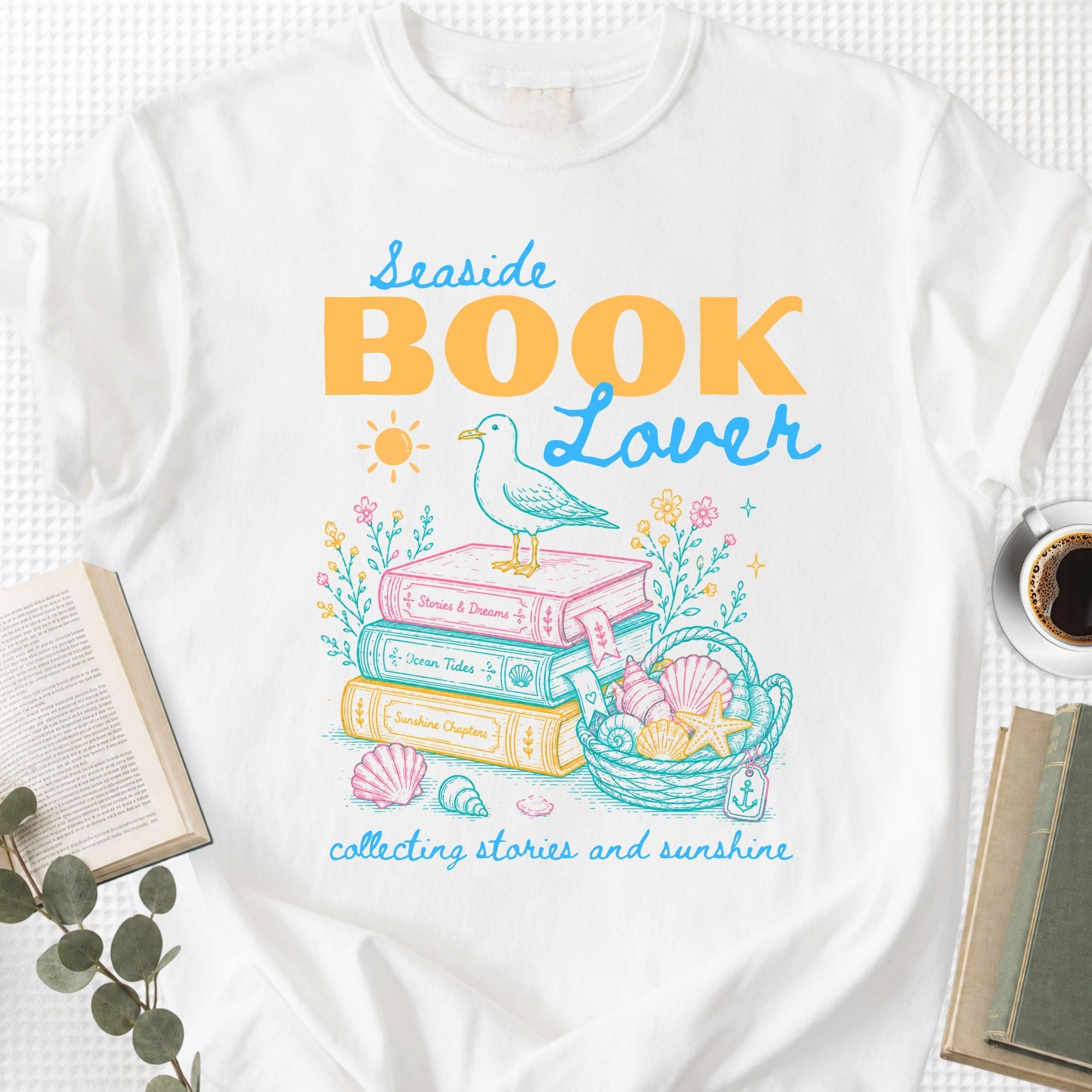 Seaside Book Lover Collecting Stories and Sunshine Unisex T-Shirt - Book Social Club