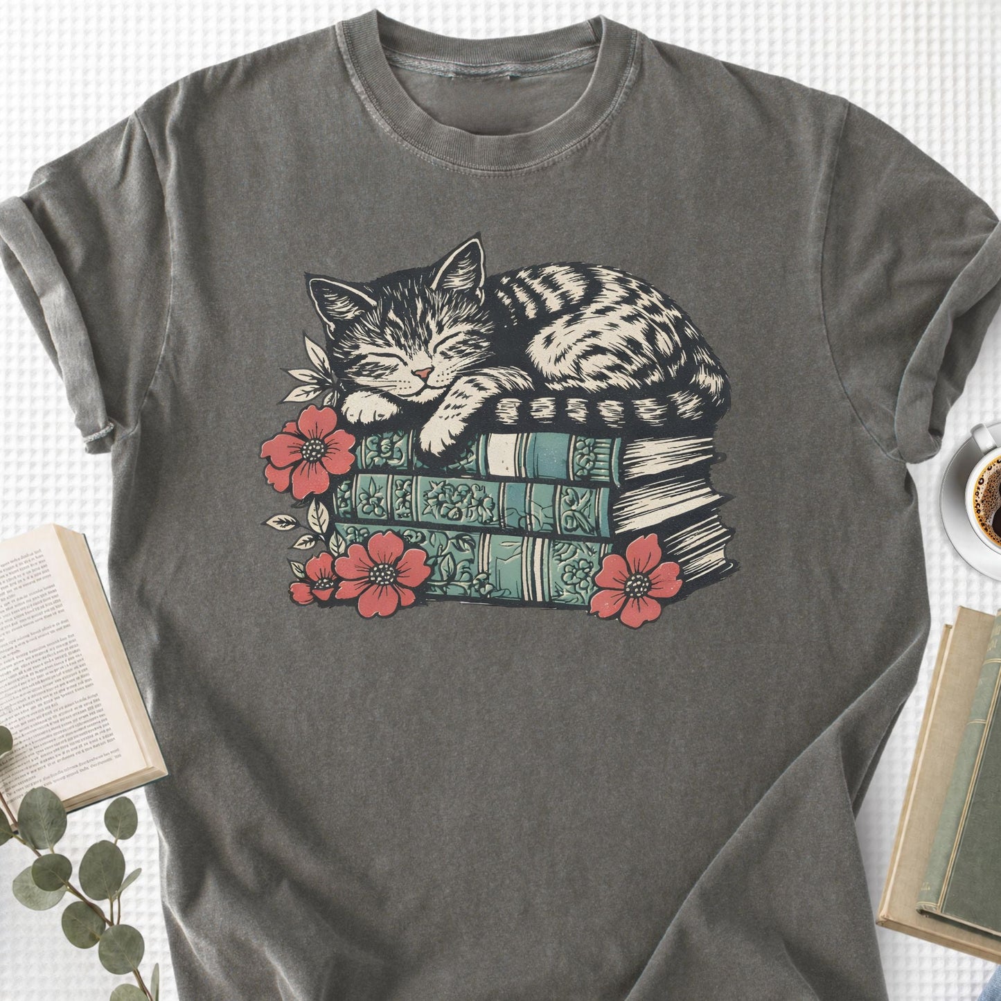 Sleeping Cat Books Floral Unisex T-Shirt, Cat Mom Book Lover Gift - Book Social Club
