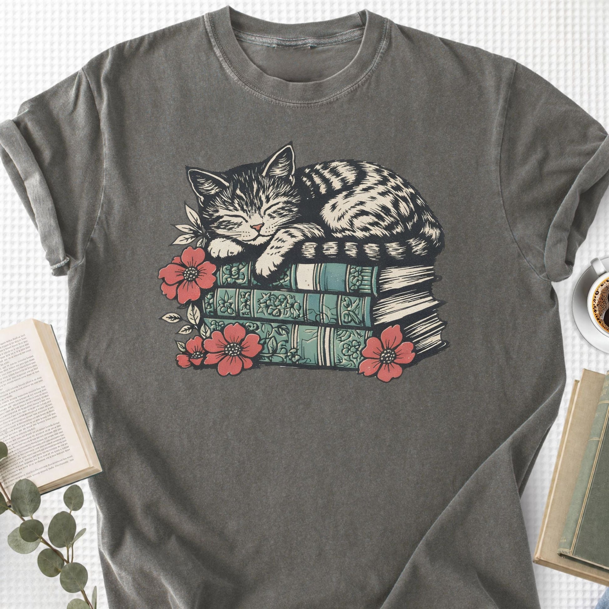Sleeping Cat Books Floral Unisex T-Shirt, Cat Mom Book Lover Gift - Book Social Club