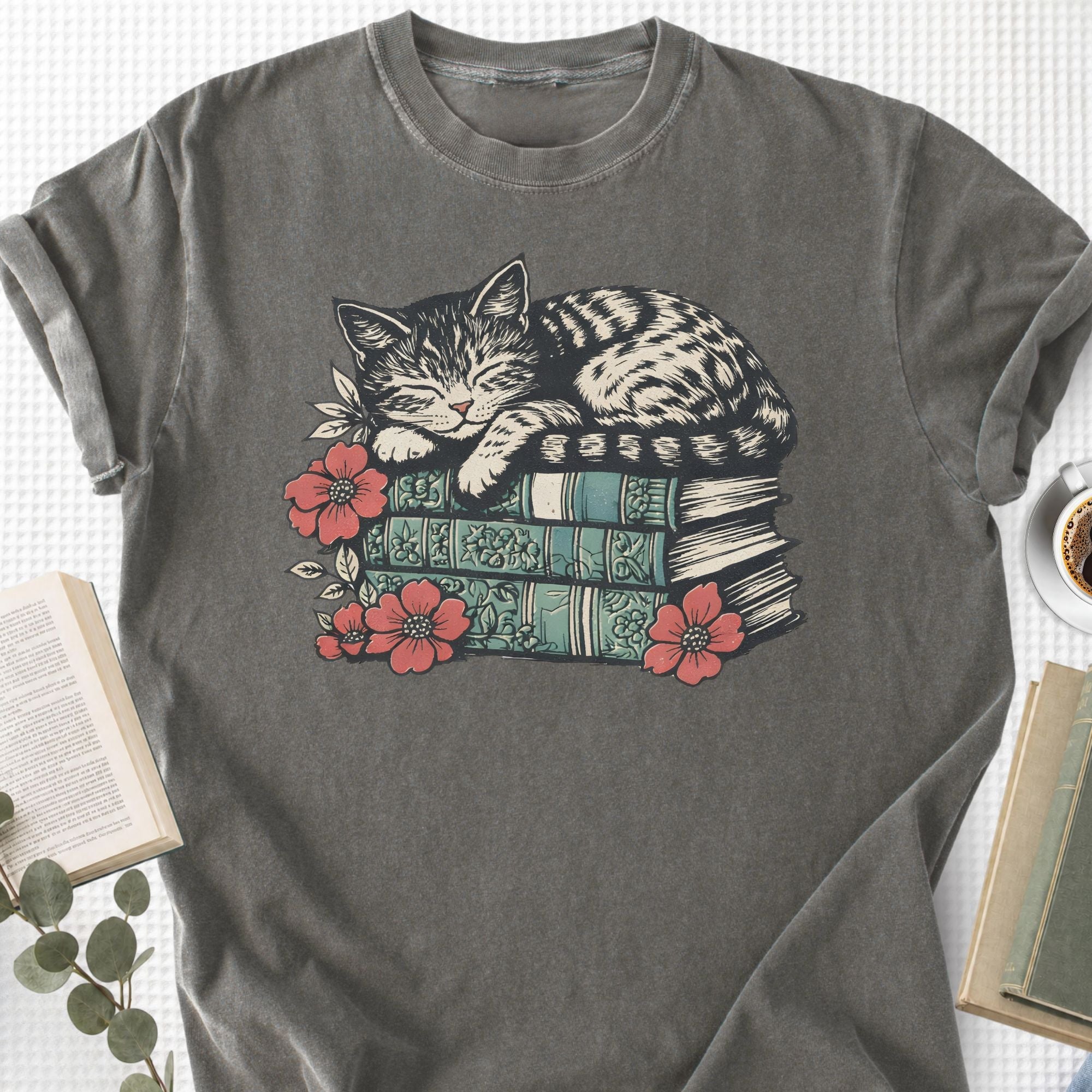 Sleeping Cat Books Floral Unisex T-Shirt, Cat Mom Book Lover Gift - Book Social Club