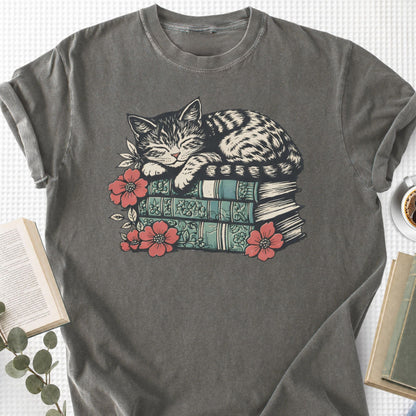 Sleeping Cat Books Floral Unisex T-Shirt, Cat Mom Book Lover Gift - Book Social Club