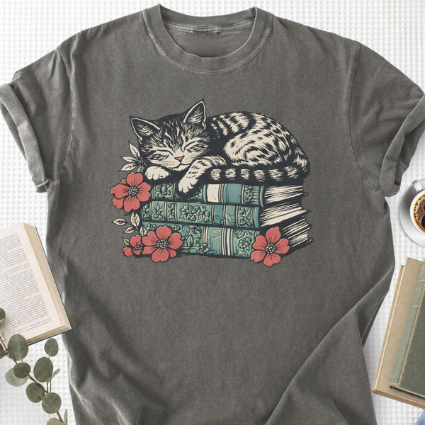 Sleeping Cat Books Floral Unisex T-Shirt, Cat Mom Book Lover Gift - Book Social Club