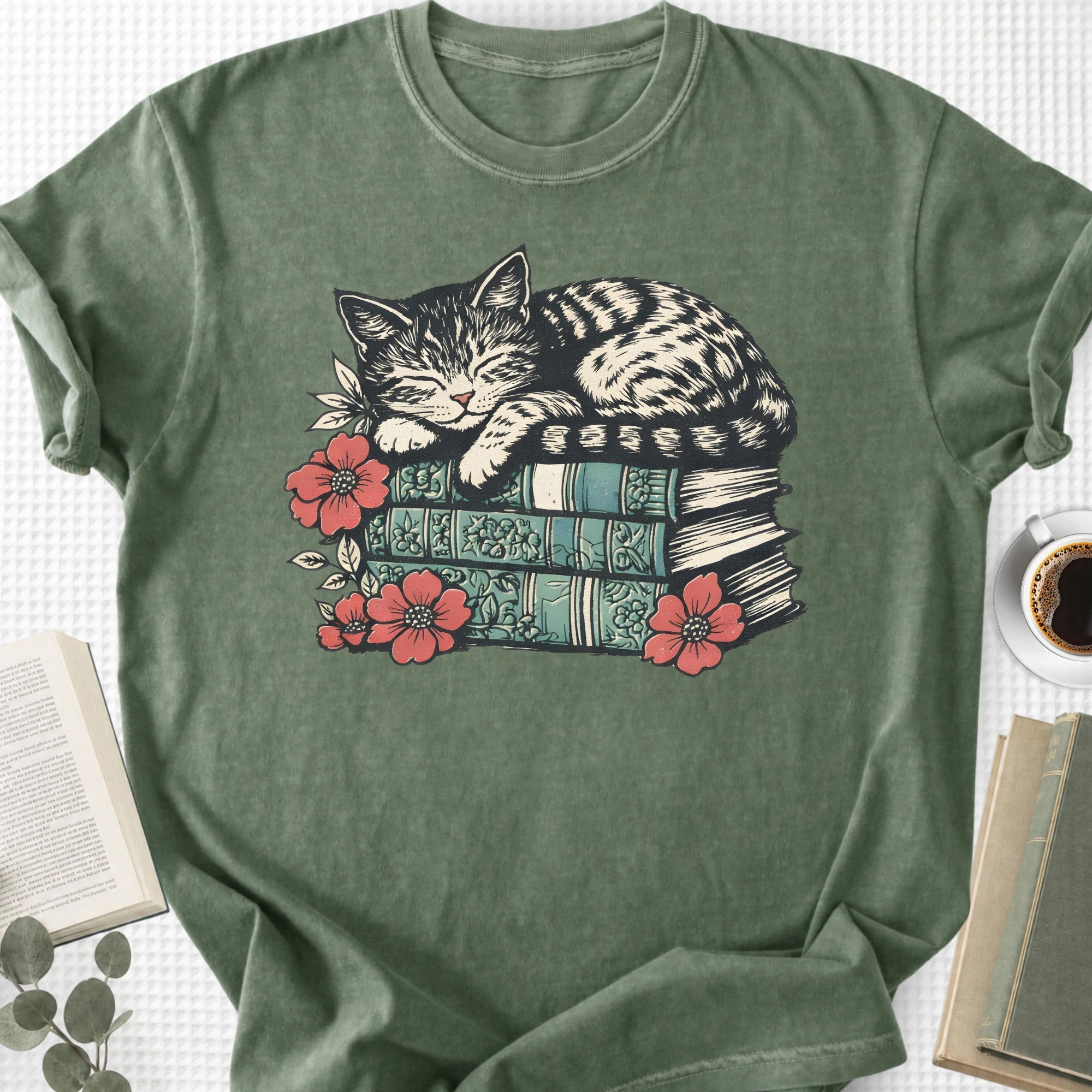 Sleeping Cat Books Floral Unisex T-Shirt, Cat Mom Book Lover Gift - Book Social Club