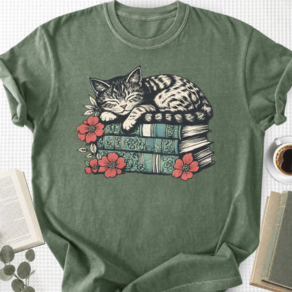 Sleeping Cat Books Floral Unisex T-Shirt, Cat Mom Book Lover Gift - Book Social Club