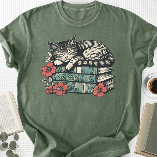 Sleeping Cat Books Floral Unisex T-Shirt, Cat Mom Book Lover Gift - Book Social Club
