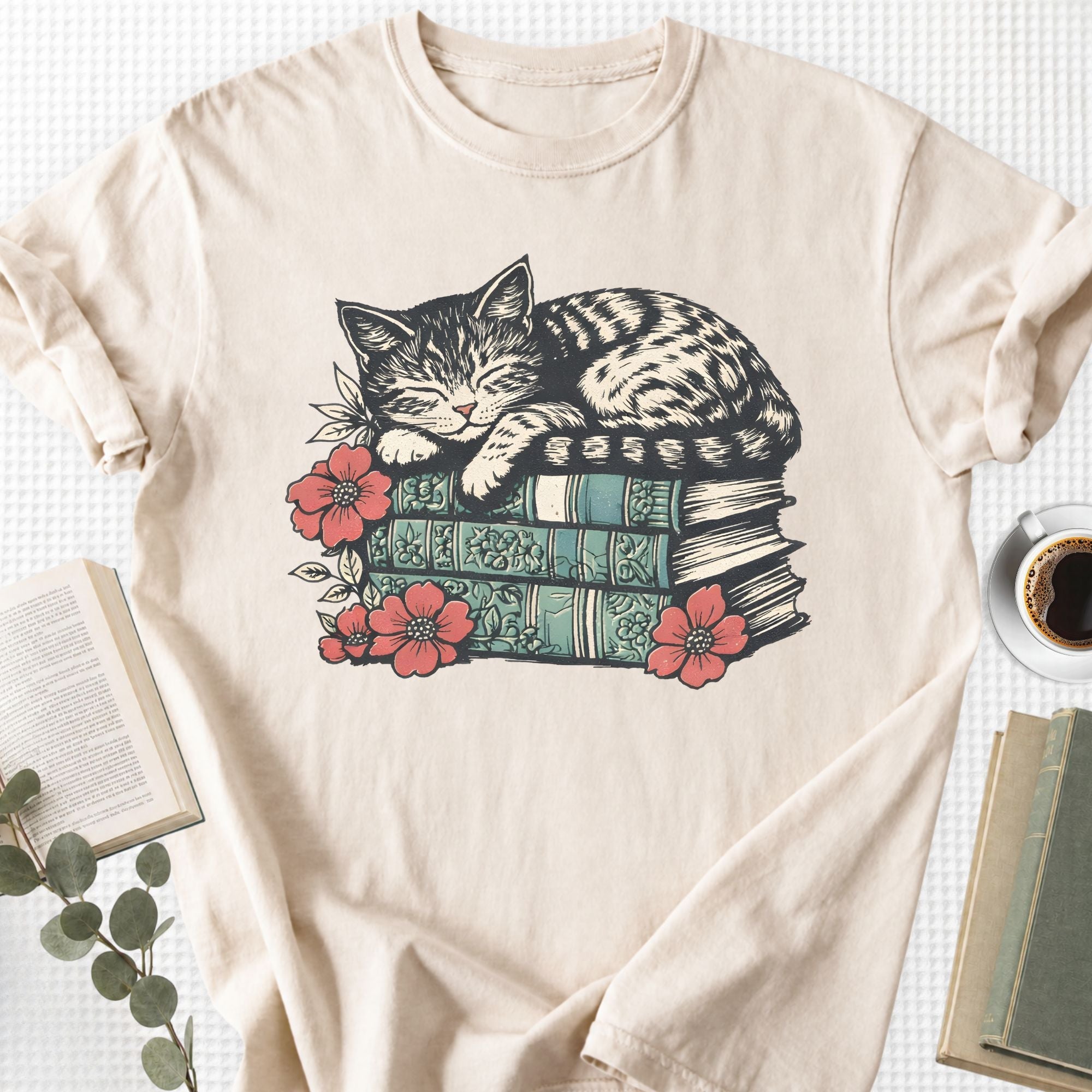 Sleeping Cat Books Floral Unisex T-Shirt, Cat Mom Book Lover Gift - Book Social Club