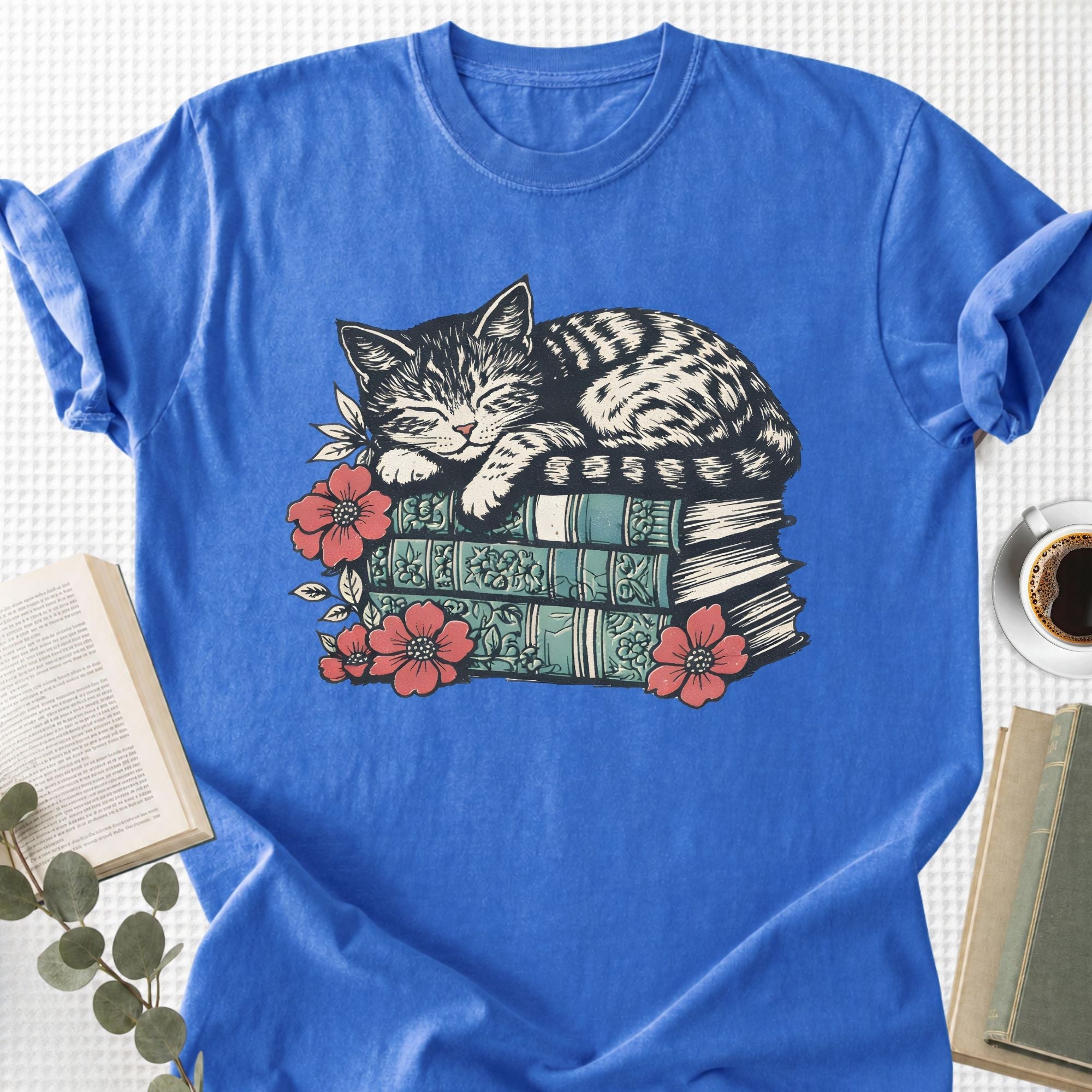 Sleeping Cat Books Floral Unisex T-Shirt, Cat Mom Book Lover Gift - Book Social Club