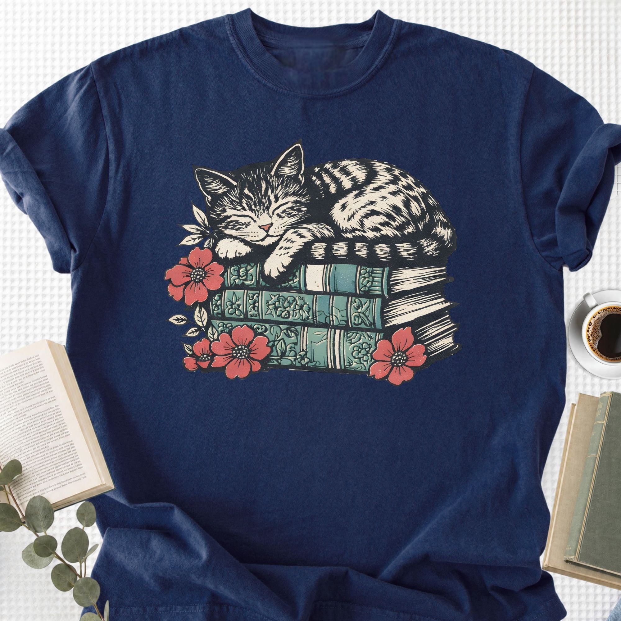 Sleeping Cat Books Floral Unisex T-Shirt, Cat Mom Book Lover Gift - Book Social Club