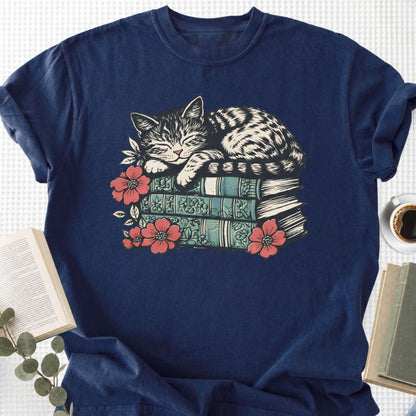 Sleeping Cat Books Floral Unisex T-Shirt, Cat Mom Book Lover Gift - Book Social Club