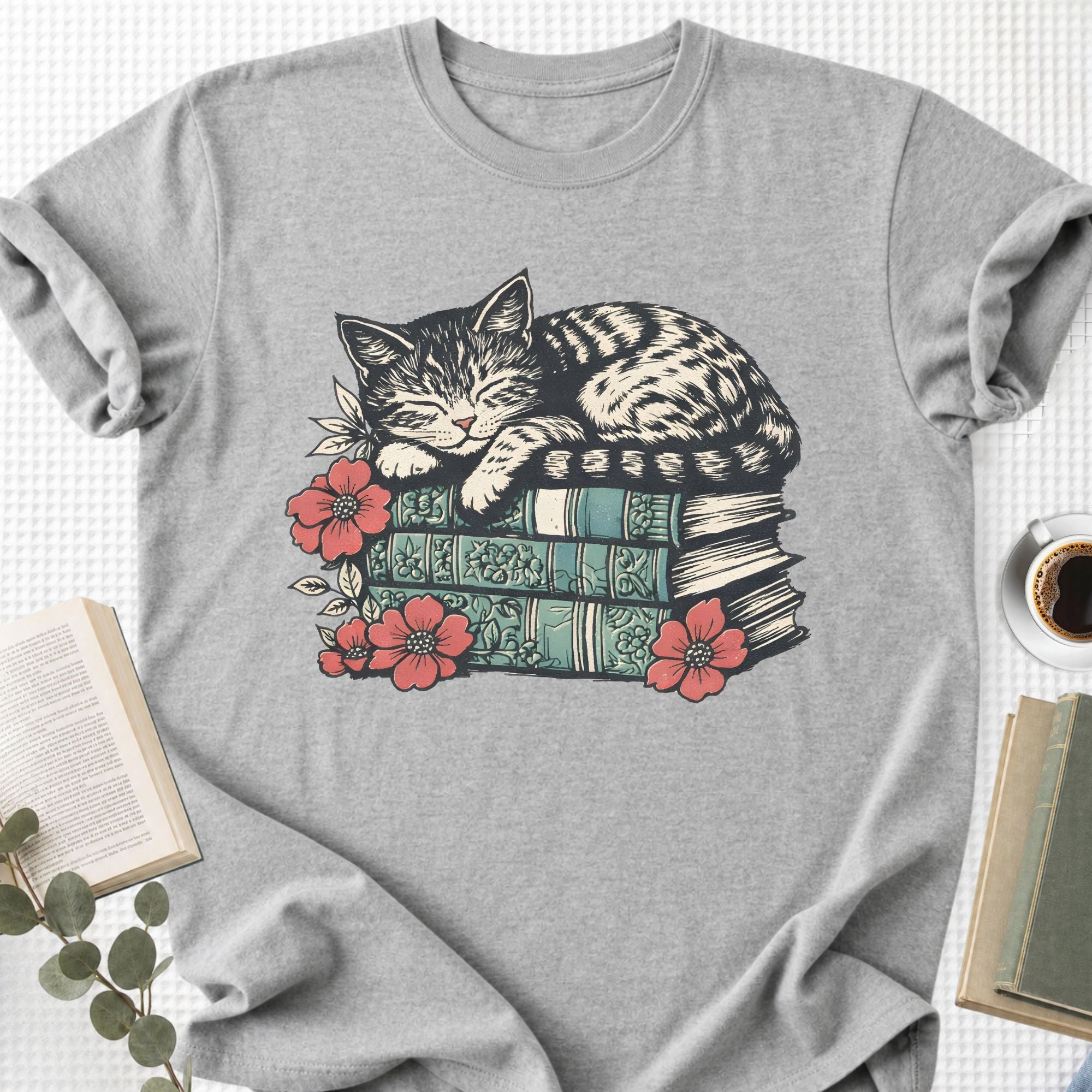 Sleeping Cat Books Floral Unisex T-Shirt, Cat Mom Book Lover Gift - Book Social Club