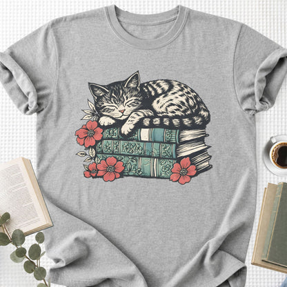 Sleeping Cat Books Floral Unisex T-Shirt, Cat Mom Book Lover Gift - Book Social Club
