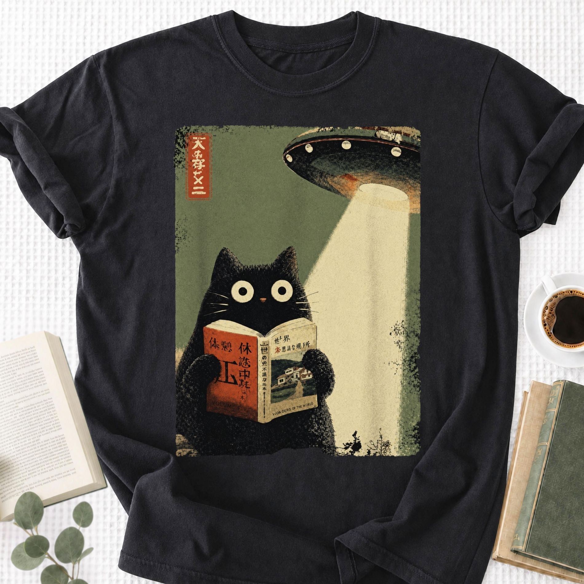 Vintage Japanese Cat UFO Abduction Unisex T-Shirt - Book Social Club